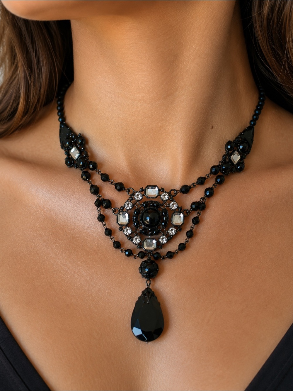 Elegant Black Beaded Necklace